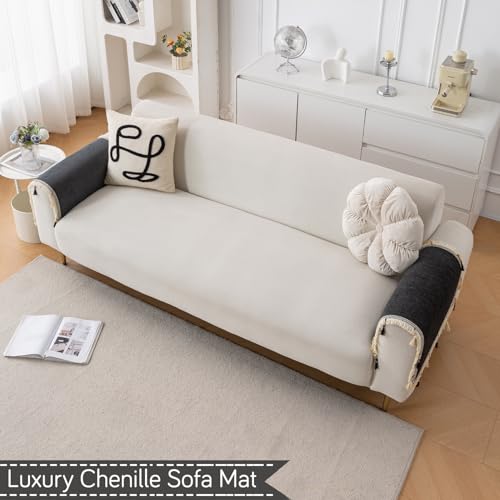Image of HOKIPO 'Serenity Tassel' Chenille Sofa Arm Cover with Tassels - 1 Pair | Midnight Graphite (IN-893-DGRY*2)