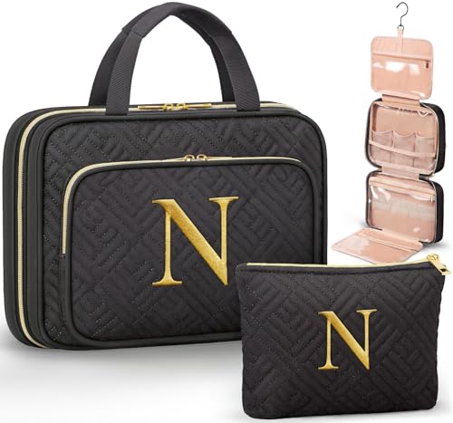 Image of Personalized Gifts for Women, Initial Toiletry Bag Hanging Travel Organizer & Makeup Cosmetic Bag with Embroidery Letter Teacher Appreciation Gift Birthday Mothers Day Gifts for Mom Wife Friend Sister