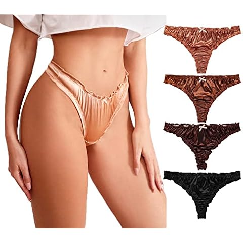 abandi Women's Satin Thongs Silk Feeling Bikini Briefs Underwear Ruched G-String Thong Panties 4 Pack,Dark Size XXS Cover
