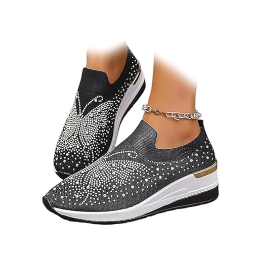 Women's Glittery Rhinestone Fashion Breathable Wedge Sneakers, Butterfly Embellished Sparkly Shoes, Women Sparkly Mesh Slip-On Walking Sneaker