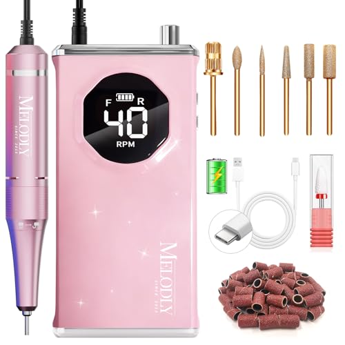 Image of Electric Nail Drill File Professional 40000 RPM, Melodly Rechargeable Electric Nail File Machine Kit for Acrylic Gel Nails Polishing Removing, Portable Cordless Efile with Gold Bits Kit at Salon Home