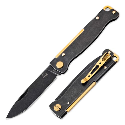 BOKER PLUS® Atlas Black Stonewash Brass - Small Slipjoint 2-handed Pocket Knife - Slim Full-Metal EDC Folder w/Black Stonewash 12C27 Sandvik Blade - Vintage-Style Brass Jack Knife w/Pocket Clip