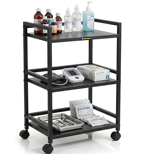 Image of 4-Tier Heavy-Duty Metal Medical Storage Trolley | Movable Utility Cart with Wheels for Clinic, Hospital & Home Use | Multipurpose Rack for Medicines, Gloves & Equipment (Black)