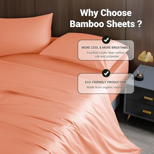 Image of Shilucheng 4 Piece Full Sheet Sets, Cooling Sheets, Blend Rayon Derived from Bamboo, Deep Pocket Up to 16 inch, Breathable & Soft Bed Sheets, Hotel Silky Bedding Set, Coral