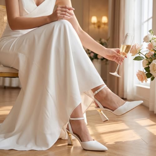 Image of RIBONGZ Comfortable Kitten Heels for Women Pointed Closed Toe Ankle Strap Buckle Heels Slip on Low Heel Church Pumps Wedding Bridal Party Dressy Shoes