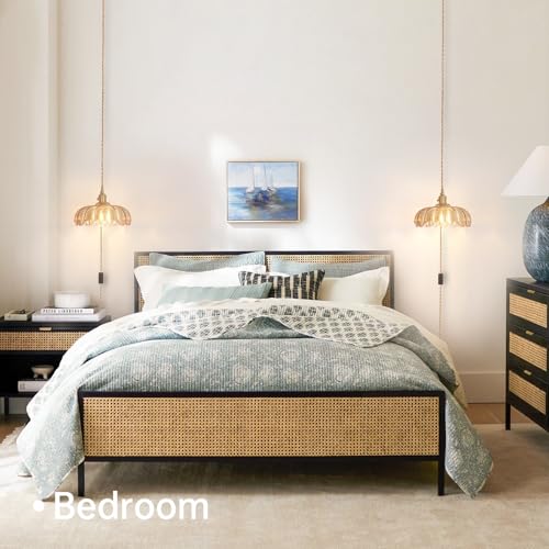 Image of Shenmoyl Plug in Pendant Light Hanging Light Fixtures with Plugin Cord On /Off Switch,Amber Scindapsus Glass Lampshade Brass Pendant Light