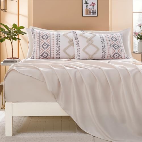 Image of MOVE OVER Beige Tufted Comforter Set Queen Size 7 Pieces Farmhouse Bedding Set Boho Aztec Comforter Set and Sheet Set Mid Century Boho Tufted Comforter Set for All Seasons