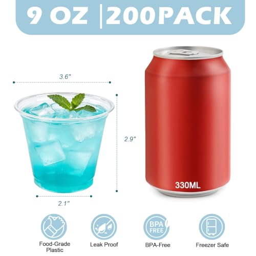 Image of Lamosi 200 Pack 9 oz Clear Plastic Cups, Sturdy & Food Safe Disposable Cups for Cold or Iced Drinks, Dessert, Party or Wedding