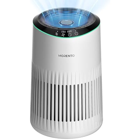 MORENTO Air Purifiers for Home, Air Purifier for Smoke Pet Dander Odors with Fragrance Sponge, Small Air Purifier with Sleep Mode for Bedroom Office, Blue Ambient Light, MR2566, White, 1 Pack Cover