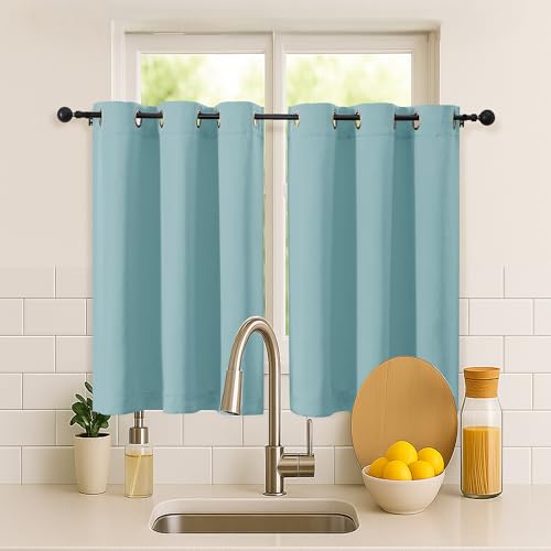 Image of Simplebrand Aqua Short Cafe Curtains 36 Inch Length 2 Panels Set, Half Window Grommet Privacy Drape Tiers for Kitchen, Thermal Insulated Room Darkening Curtains for Bathroom Shades, W40 x L36