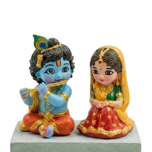 Image of Miniature Radha Krishna Pair Showpiece - Small Resin Cute Bal Gopal and Radha Rani Doll Set for Living Room Decoration, Janmashtami Decor, Navratri Golu & Wedding Return Gifts