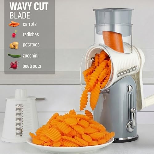 Image of Zulay Kitchen Rotary Cheese Grater 5 Blade Cheese Shredder - Manual Hand Crank Cheese Grater With Reinforced Suction & 5 Interchangeable Drums - Easy to Use, Vegetable Chopper Round Mandoline Slicer