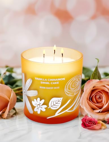 Vanilla Cinnamon Swirl Cake Scented Candle - Highly Scented 3-Wick Soy Candle for Home - Cozy Fall Bakery Scented Candle, 14.5 oz Clean Burn - Aromatherapy Stress Relief Candle Gift for Women & Men