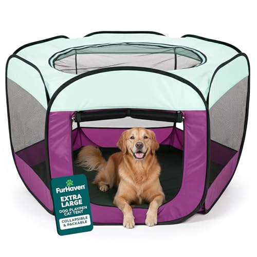 Image of FurHaven Soft-Sided Dog & Cat Playpen, Portable Foldable Indoor & Outdoor Pet Playpen with Mesh Windows & Zippered Door, Purple, Extra Large
