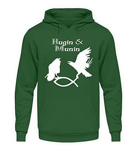 Pull à capuche corbeau Hugin & Munin, l'esprit viking en vert bouteille XXL