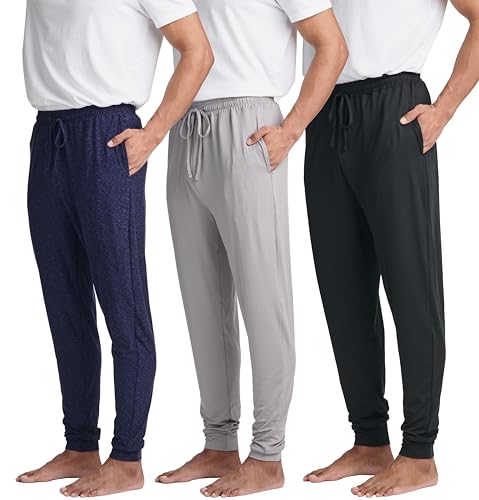 Real Essentials 3 Pack: Men's Soft Lounge Sleep Joggers - Pajama Pants Drawstring & Pockets (Available in Big & Tall)