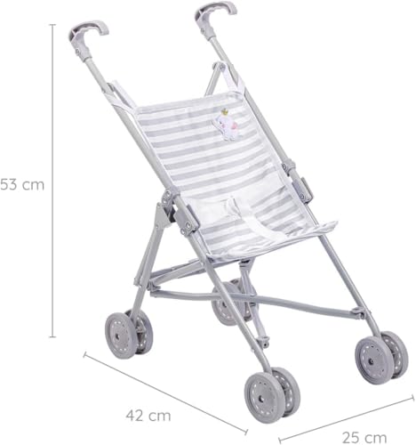 Image of JC Toys Boutique | Folding Umbrella Doll Stroller for Children 2 Years Plus, Grey Stripes and Soft Embroidery | Sturdy Metal Frame | Pretend Play with Dolls up to 18 inch Long | Seat Belt