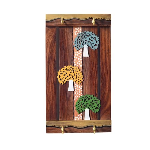 Image of AAKRITI ART CREATIONS Key Holder, Trinity of Trees Key Hanger | Rustic Teak Wood Wall Organizer with 4 Hooks | New Home Gifts | Multifunctional Entryway Decor Item