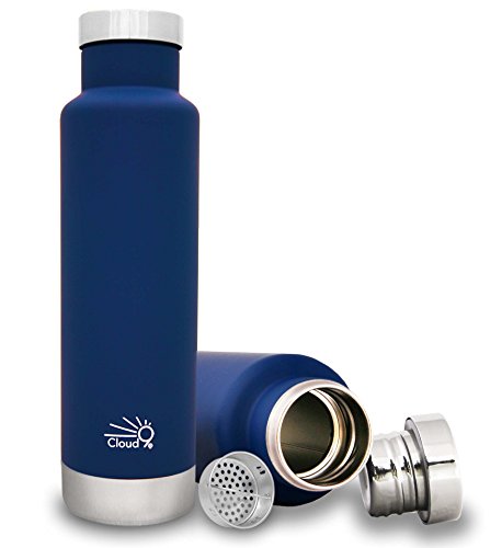 Cloud9 Plastic-Free Vacuum-Insulated Double-Wall Thermal Stainless Steel Tea Bottle with Tea/Fruit Strainer, 15 oz/450 ml (Dark Blue)