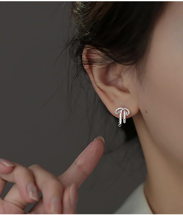 Bow Earrings for Women Small Silver Bow Ribbon Stud Earrings Dainty Bowknot Earring Hypoallergenic Christmas Jewelry Gift Accessories - Image 2
