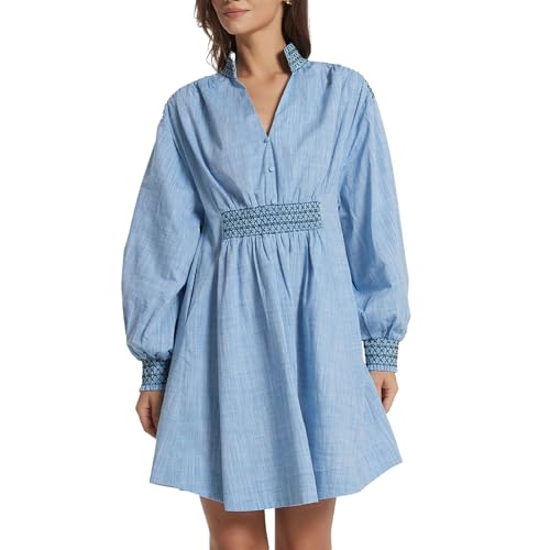 Womens Embroidered Shirt Dress Fall Oversized Long Sleeve Casual V Neck A Line Mini Dress - Main Image
