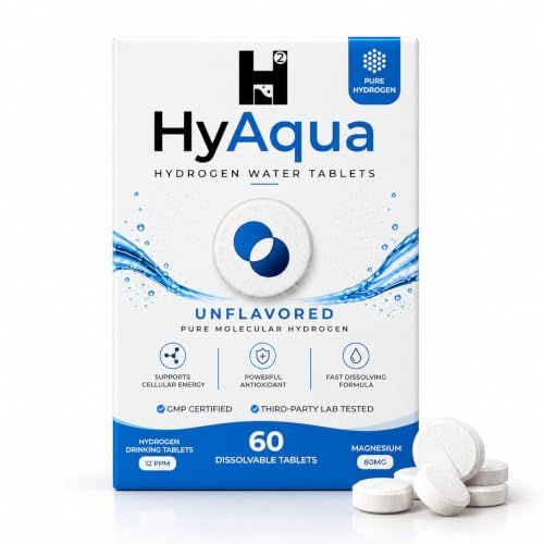 HyAqua H2 Molecular Hydrogen Water Tablets 80mg - 12 PPM Hydrogen Tablets for Drinking Water - Rich in Antioxidant, Supports Cellular Health, Recovery - 60 Count Unflavoured