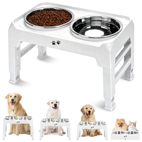 COMESOON Elevated Dog Bowls, 4 Height Adjustable Raised Bowl Stand with 2 Thick 50oz Stainless Steel Food Bowls Non-Slip Feeder Adjusts to 3.7'', 9.2'', 10.75'', 12.36'' White