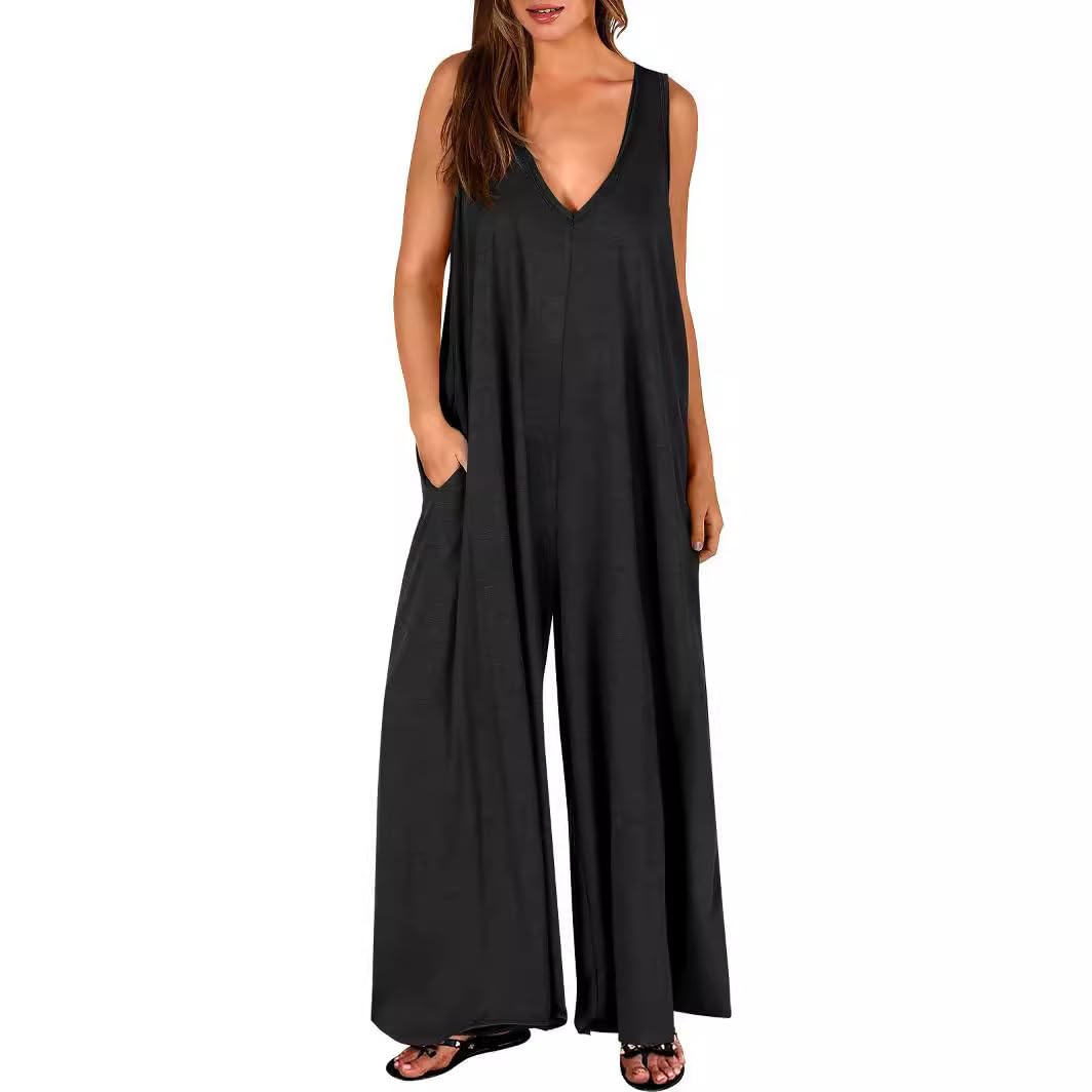 Mono Mujer Jumpsuit Sin Mangas Largo Pierna Ancha Pantalón Rompers Verano Tirantes Anchos Overol Cuello en V