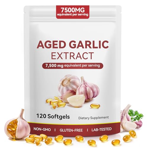 Aged Garlic Extract-7500mg Odorless Garlic Capsules 24 Months Odourless Aged Garlic 15:1 Concentrate for Heart & Immune Support -120 Softgel