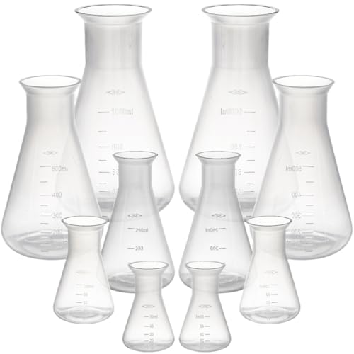 Covzoe 10 Pack Plastic Erlenmeyer Flask, Semi-Transparent Scientific Conical Flask for Teaching, Laboratory...