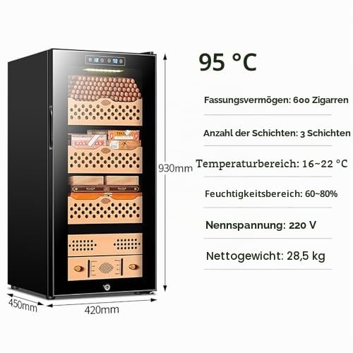 Elektrischer Humidor mit Zedernholzfutter, intelligente Temperaturregelung 16-22°C, einstellbare Luftfeuchtigkeit 60-80%, LED-Licht, große Kapazität für Männer