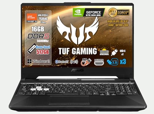 ASUS Notebook Gaming TUF A15, CPU Amd Ryzen5 7535HS,RAM 16 Go Ddr5,SSD 512 Go, écran 15,6' FHD IPS 144Hz, GeForce RTX 3050 4 Go GDDR6,Wi-Fi 6,USB Type-C Clavier rétroéclairé, W11, souris Wi-Fi offerte