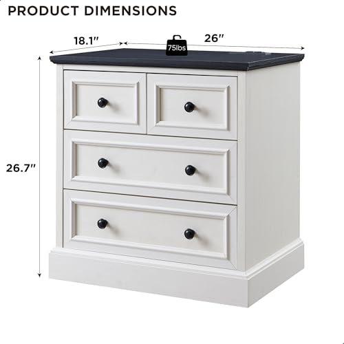 Image of ACCOHOHO Farmhouse Nightstand with 4 Drawers, 26 inch Wide End Table with Storage, Modern Nightstand with Charging Station for Bedroom, Off White
