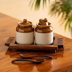 ExclusiveLane 'Diamond Geometric' Ceramic Pickle Jars for Dining Table with Sheesham Wood Spoons & Tray | Kitchen Containers Set Pickle Holder Container for Kitchen Storage Set (Non-Airtight)