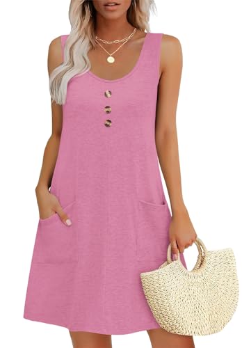 MOLERANI Vestido de Verano para Mujer Cuello Redondo Vestido sin Mangas Vestido Casual Suelto con Bolsillos Flor Rosa 2XL