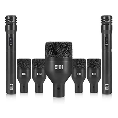 XTUGA DI7 7-Piece Wired Dynamic Drum Mic Kit (Whole Metal) Kick Bass, Tom/Snare & Cymbals Microphone-Use for Drums, Vocal, Other Instrument Complete with Thread Clip 7 On Stage Audio Cables 16.5FT Cover