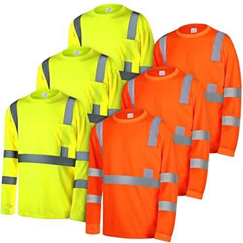 Macarrie 6 Pcs Class 3 Reflective Safety High Visibility Shirt XL Size Long Sleeve with Packet Breathable Unisex Safety Workwear with Front Packet for Work Cycling Runner Yellow Orange