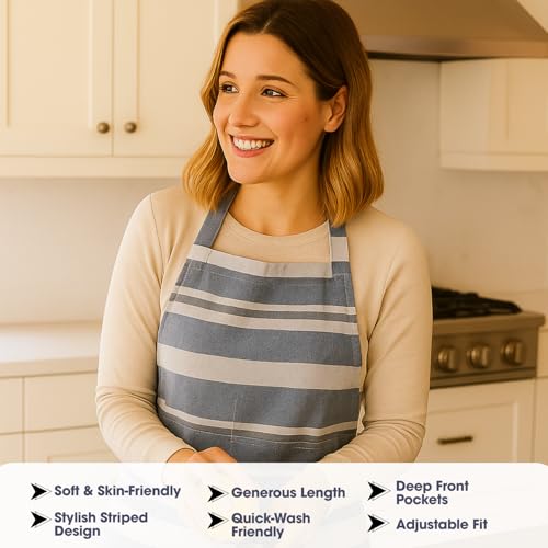 Image of Unisex Cooking Aprons | Waterproof Apron | Striped Design with 2 Front Pockets & Adjustable Neck Strap | Durable, Oil & Stain Resistant | Chef Apron for Cooking
