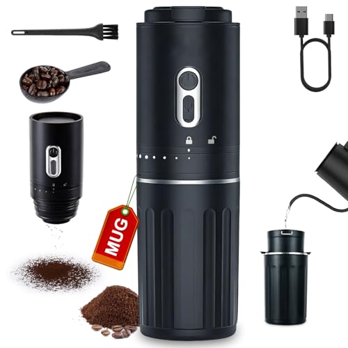 All-in-one Pour Over Coffee Maker Portable Electric Burr Coffee Grinder, Rechargeable Coffee Bean Grinder Conical Burr, Battery Powered Cordless Portable Coffee Maker for Travel, Camping, Car