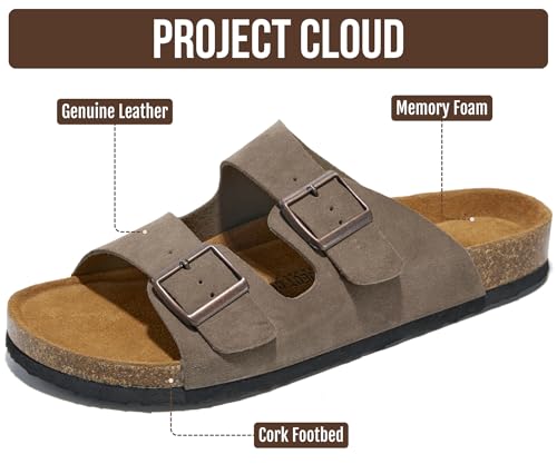 Image of Project Cloud Mens Sandals, 100% Genuine Leather Mens Slides (Heritage) | Memory Foam Insole & Cork Footbed Slides for Men Footwear Non Slip Summer Sandals for Men & Lightweight Sandals Men