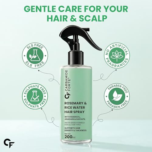 Image of Carbamide Forte Rosemary Hair Spray with Rice Water | Rosemary Water Spray for Hair Growth with Redensyl, Anagain & Baicapil | Supports Hair Density & Thickness | Water Based Formula for All Hair Types - 200 ml