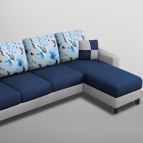 Image of Casaliving - Rolando 6 Seater L Shape Sofa for Living Room with 2 Puffy | Color - Blue Grey | Right Side Sofa (Wood)