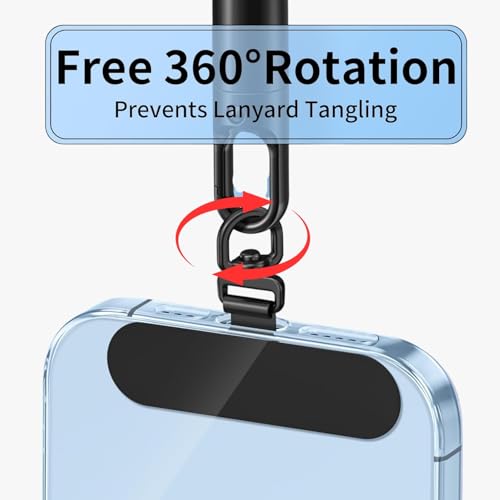 Image of 360 Rotatable Phone Tether Tab Pack of 4 (2 Classic Black + 2 Stainless Steel) | Anti-Theft Mobile Lanyard Patch with Hook for Phone Strap, Sling, Charm, Wrist Strap & Chain