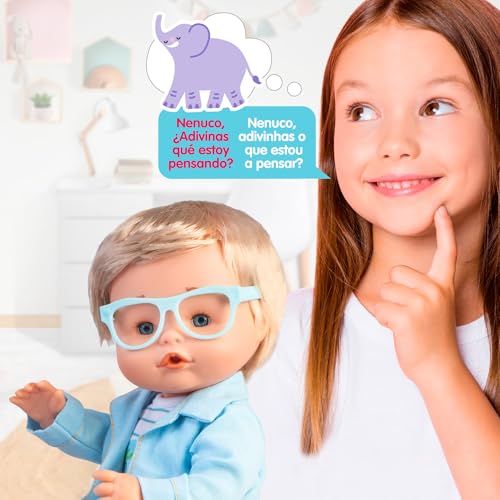 Miniatura 5 de NENUCO ¿Jugamos a Adivinar?, Muñeco Bebé de 35 cm y Cuerpo Duro, Juguete Interactivo con Tecnología de Reconocimiento de Voz, Puede Adivinar lo Que estás Pensando, +3 Años, Famosa (NFN99000)