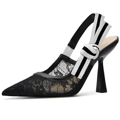Image of HOCHFART Women's Slingback Kitten Heels Closed Pointed Toe Slip On Pumps | Bowknot, Elastic Slingback Strap, Office, Wedding, Bridal, Formal, Events, Church, Gathering, Casual Outing