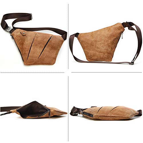 Anti-theft Sling Chest Pack for Men Genuine Leather Crossbody Shoulder Bag Segmented Crossover Backpack Business Travel Cycling Camping Hiking One Strap Backpack Daypack Waterproof Light Brown3