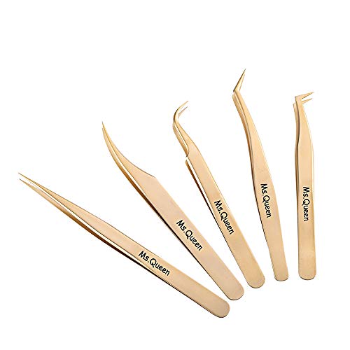 Ms.queen Eyelash Extension Tweezers Set-Precision Tweezers For 2D-6D Volume&Individual False Lashes Extensions With Pu Storage Case-Golden (5Pcs Tweezers Set/M003) #TOP3