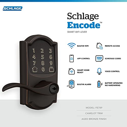 Schlage Fe789Wb Cam 716 Acc Encode Wifi Accent Lever Smart Lock, Keyless Entry Touchscreen Door Lock With Camelot Trim, Aged Bronze #TOP2