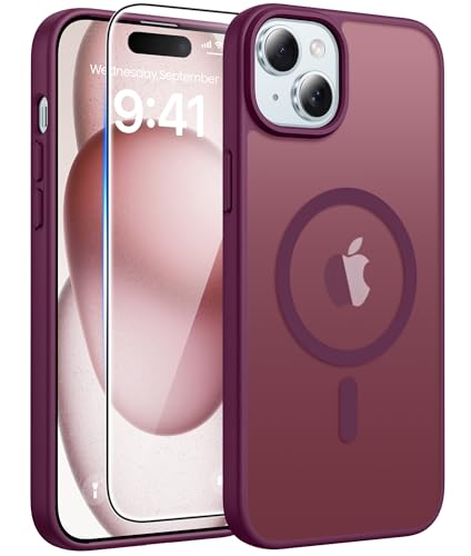 Image of FNTCASE for iPhone 15 Case: for iPhone 14 Case & iPhone 13 Case [Compatible with Magsafe] Translucent Matte Cases with [Screen Protector] Military Grade Shockproof Protective Phone Cover - Wine Red