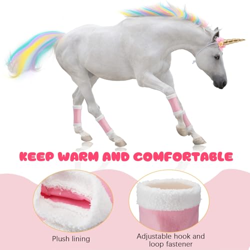 Image of Juexica 23 Pcs Unicorn Horse Costume Horn Hair Extensions Leg Wraps,Pink | Halloween Costume for Live Horses, 1 Unicorn Horn, 18 Clip-in Extensions, 4 Leg Wraps, Party Accessory for Equestrian Events